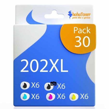 Pack de 30 cartouches compatibles 202XL Epson 6 noirs photo, 6 noirs, 6 cyan, 6 magenta, 6 jaune