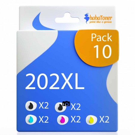 Pack de 10 cartouches compatibles 202XL Epson 2 noirs photo, 2 noirs, 2 cyan, 2 magenta, 2 jaune