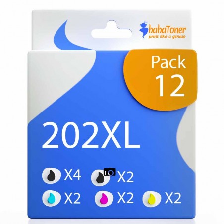 Pack de 12 cartouches compatibles 202XL Epson 4 noirs, 2 noir photo, 2 cyan, 2 magenta, 2 jaune