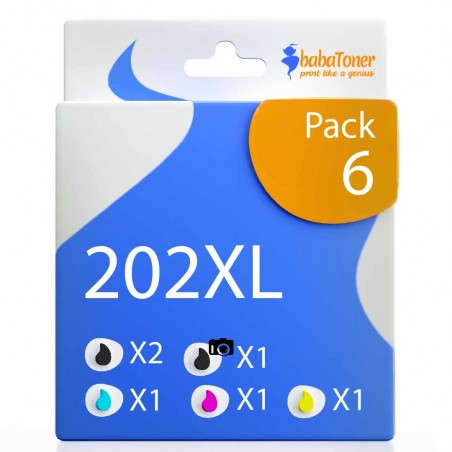 Pack de 6 cartouches compatibles 202XL Epson 2 noirs, 1 noir photo, 1 cyan, 1 magenta, 1 jaune